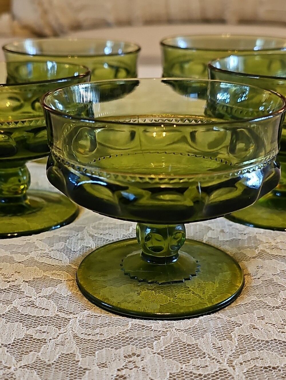 Indiana Glass King's Crown "Thumbprint" avocado green sherbet/dessert